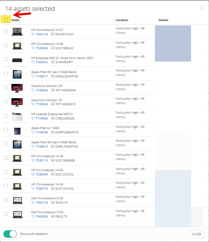 Incident IQ Rapid Scan list showing the Select All checkbox checked.