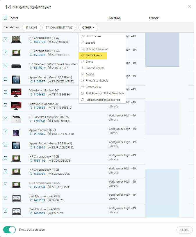 Incident IQ menu showing the Other drop-down expanded with Verify Assets highlighted.