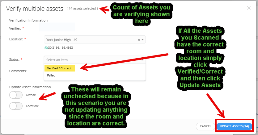 Verify Assets menu with Verified Correct chosen from the Status drop-down and the Update Assets button highlighted.