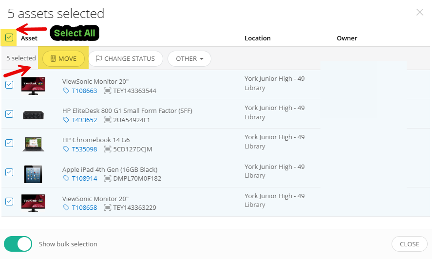 Incident IQ Rapid Scan list with the Select All box checked and the Move button highlighted.