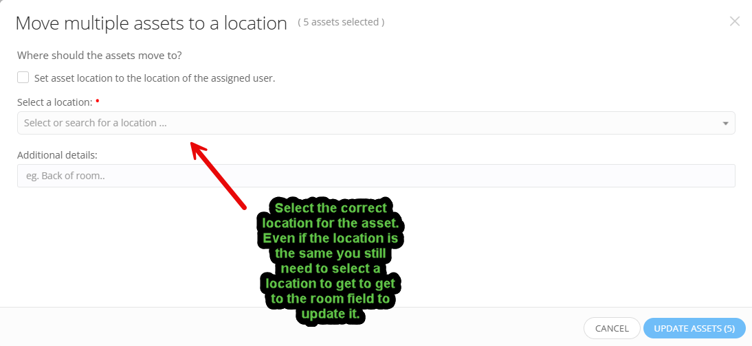 Bulk Action Move window highlighting the Location selection drop-down menu.