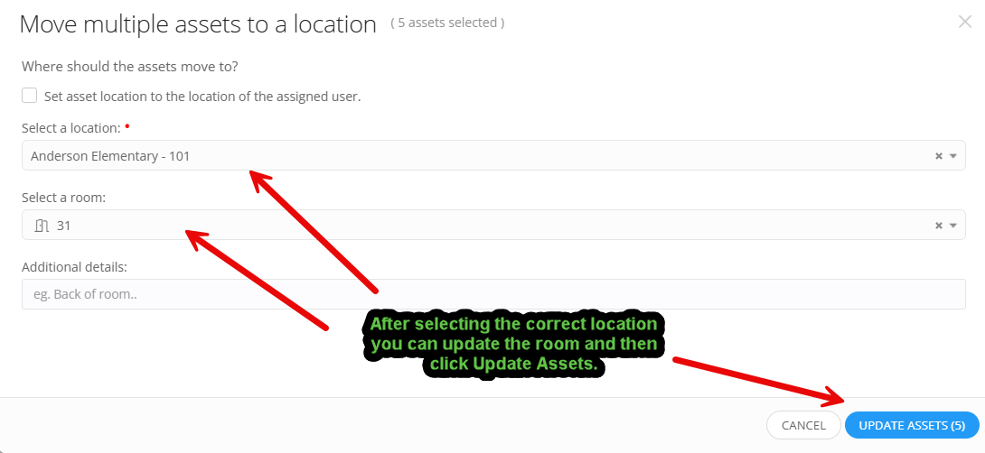 Bulk Action Move window showing the Room selection field and the Update Asset button.