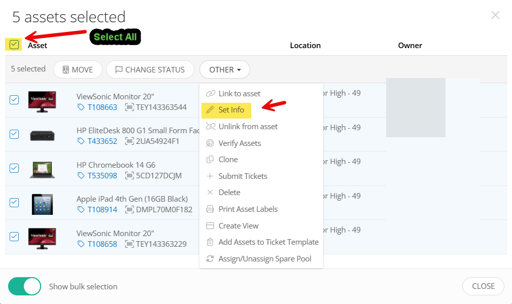 Incident IQ Rapid Scan list with the Select All box checked and the Set Info button highlighted.