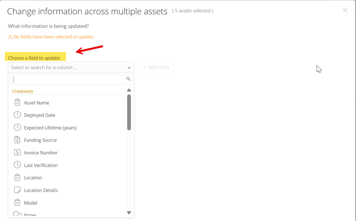 Drop-down menu showing options for fields to update.