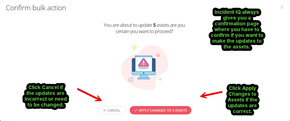 Incident IQ confirmation screen showing the Apply Changes and Cancel buttons.
