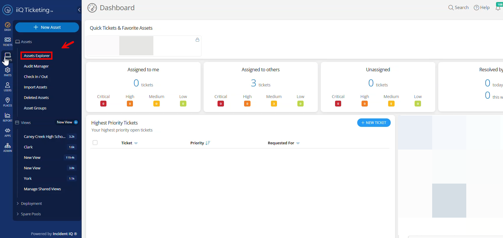 Incident IQ drop-down menu with Asset Explorer highlighted.