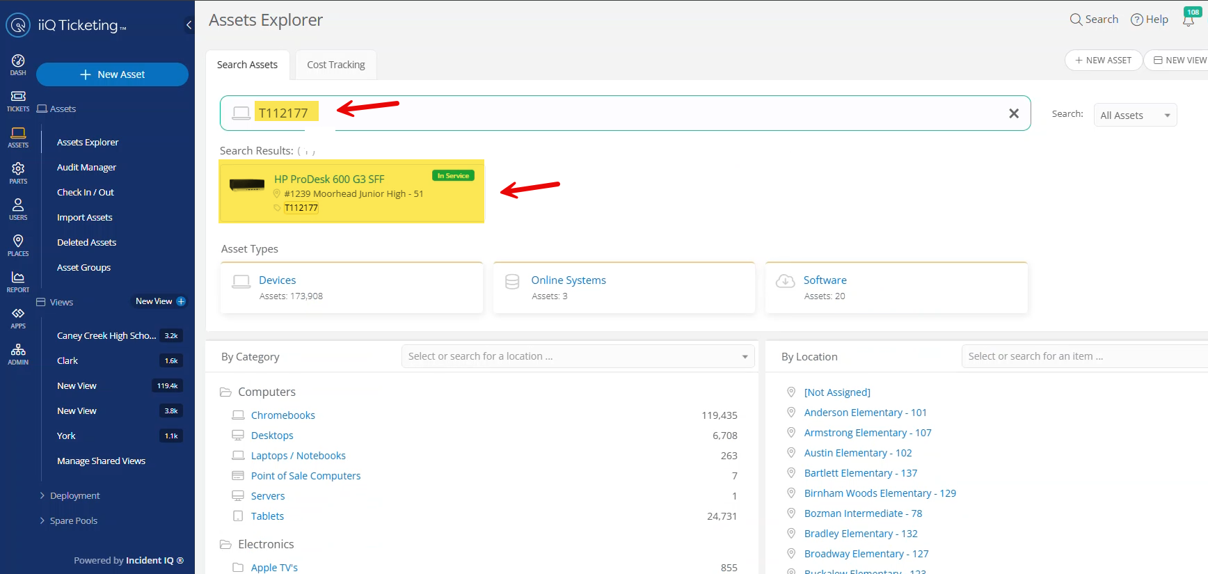 Asset Explorer search bar with an asset tag number entered.
