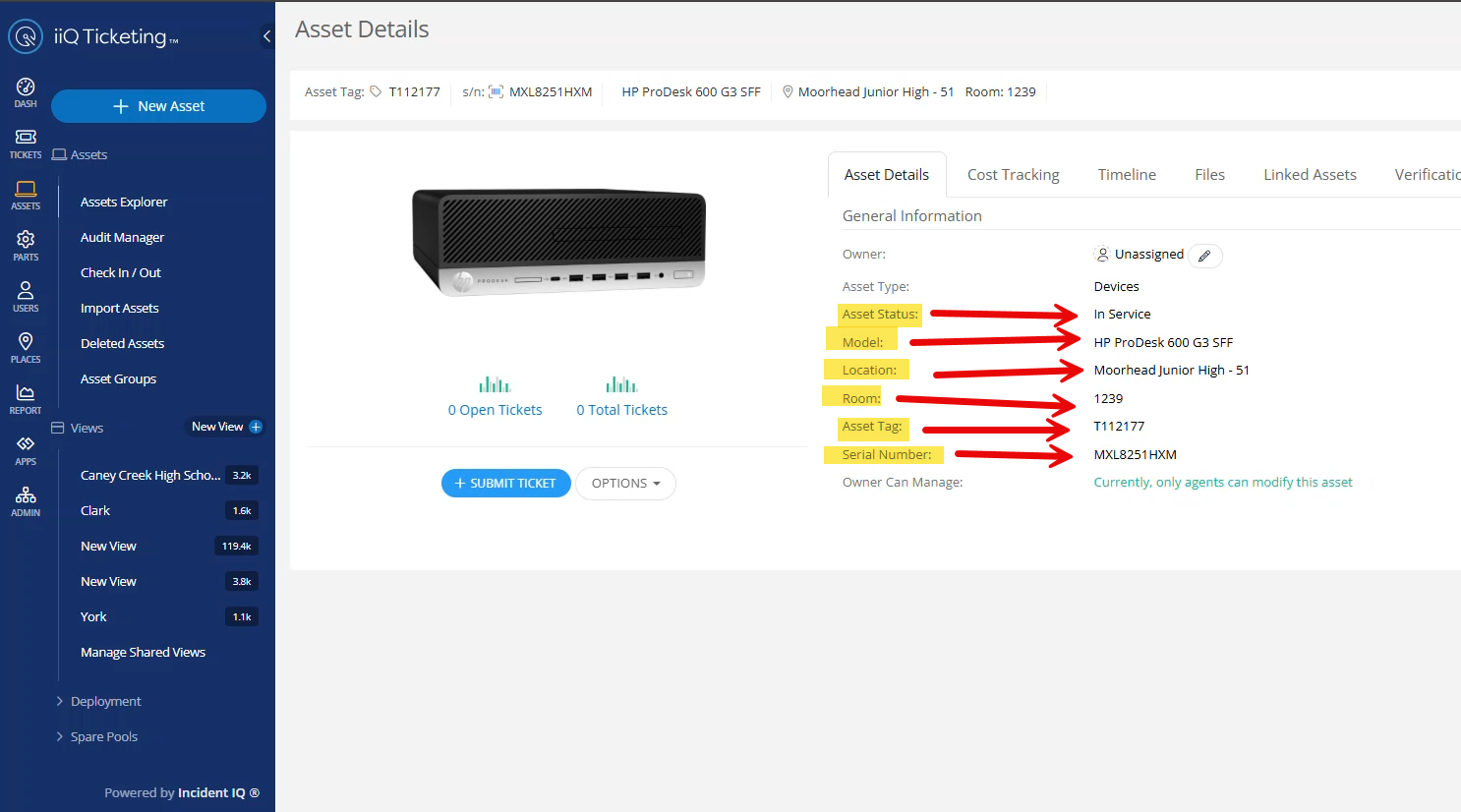 The Incident IQ Asset Details window showing current asset information.