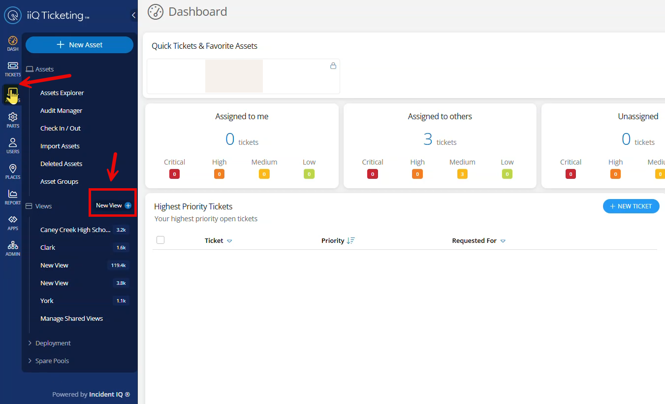 Incident IQ main menu with the cursor hovering over Assets and the New View option highlighted.