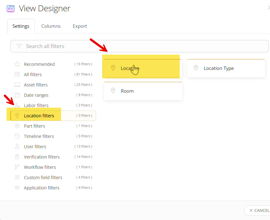 New View window showing the Location Filters menu with Location selected.