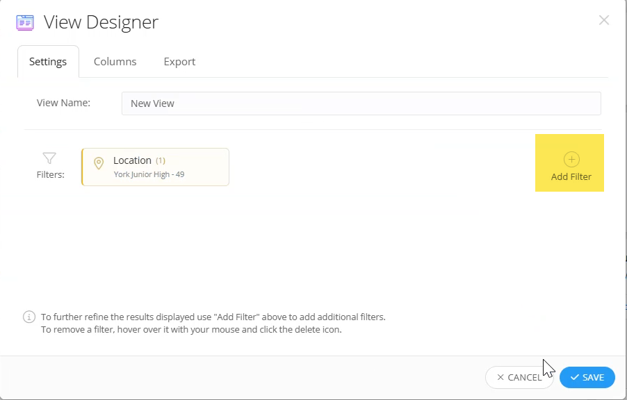 Add Filter menu with the Room filter option selected.