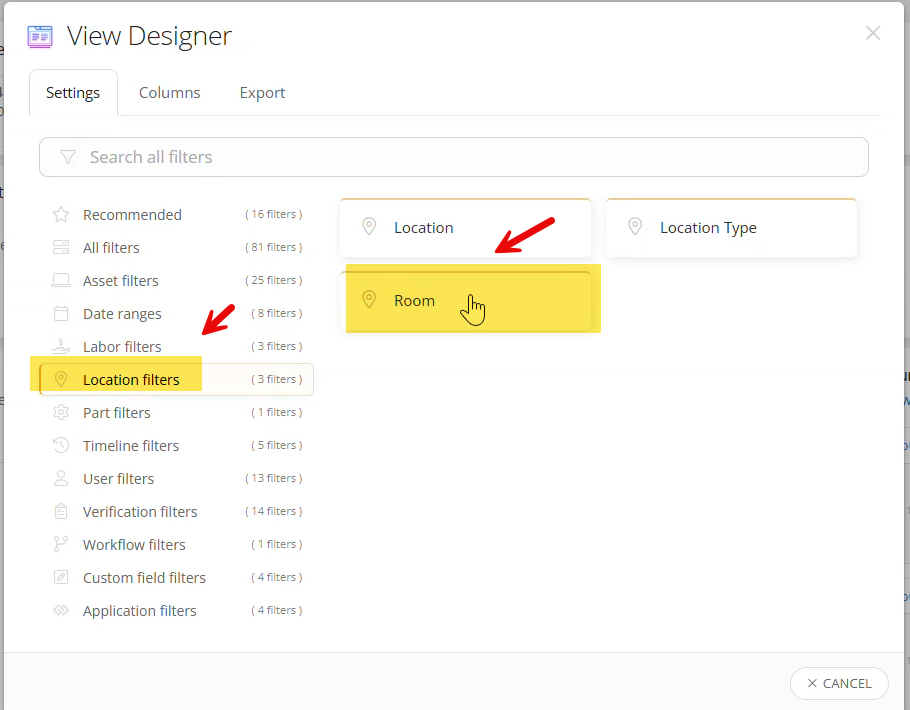 Add Filter menu with the Room filter option selected.