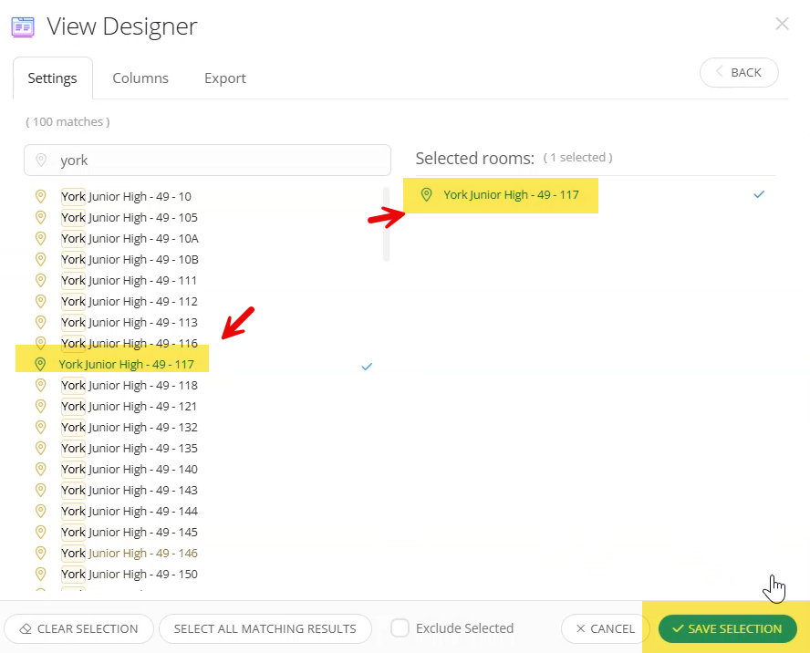 Room selection screen highlighting a specific room and the Save Selection button.