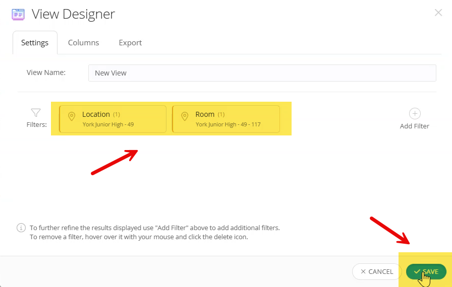 Filter review screen showing the selected Location and Room filters with the final Save button highlighted.
