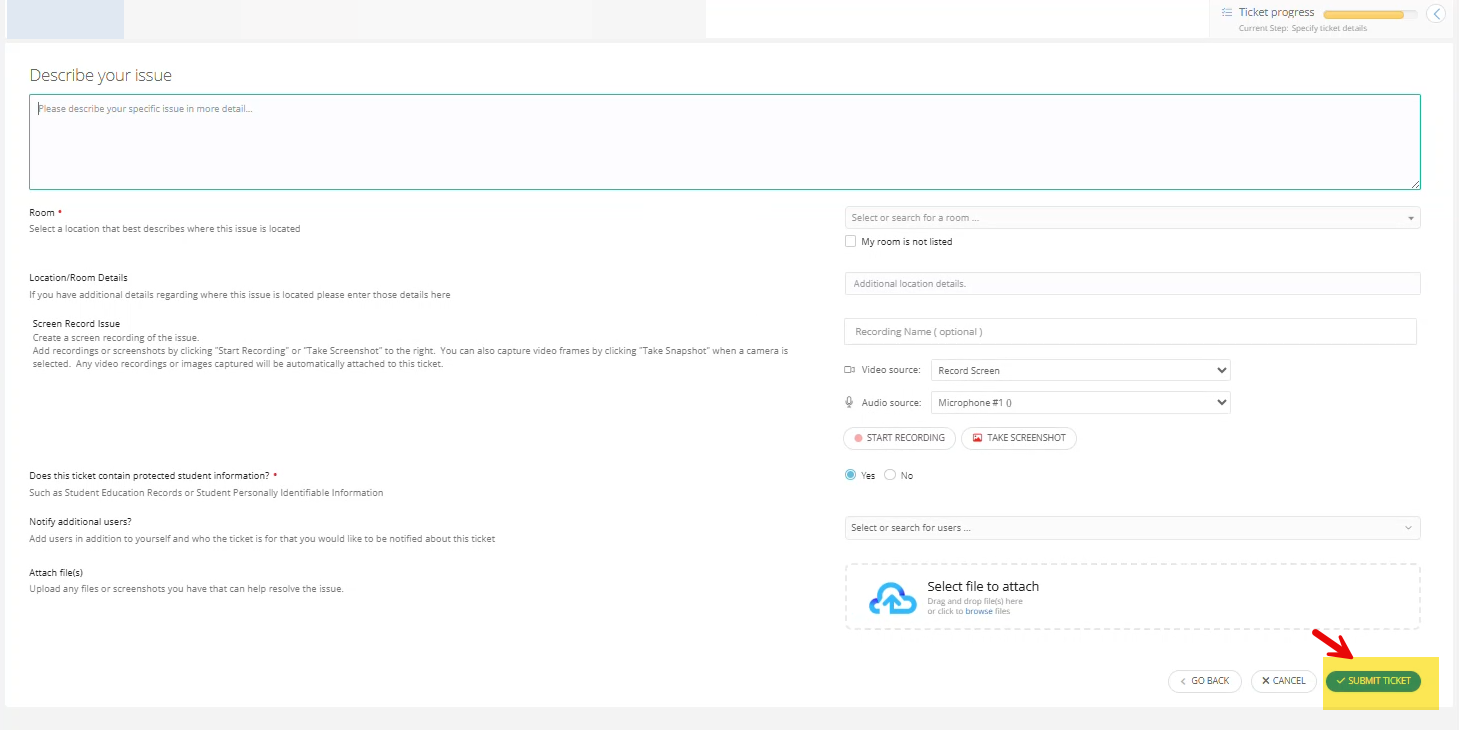 Submit Ticket button at the bottom of the form.