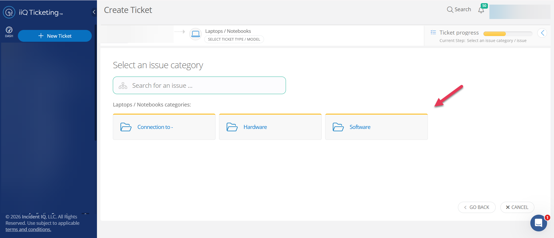 Issue category drop-down menu showing a list of common issues.
