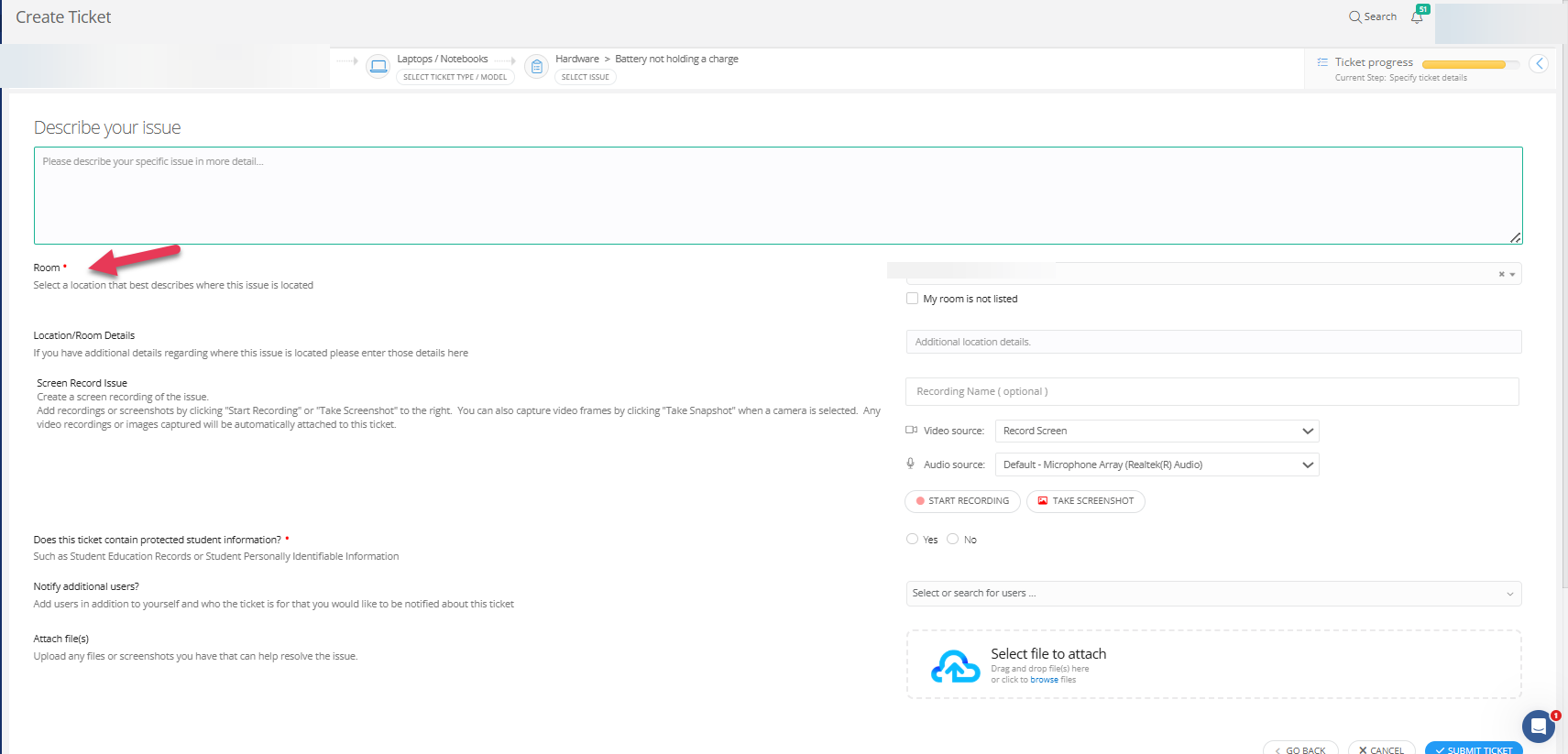 Incident IQ ticket details form highlighting the required fields, location verification, and attachment options.
