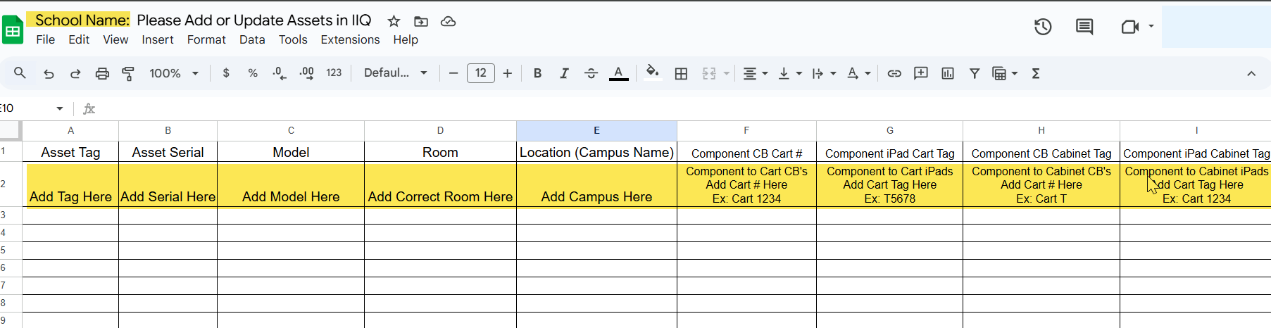 The Add or Update Assets spreadsheet showing columns for Asset Tag, Serial, Model, Room, and Location.
