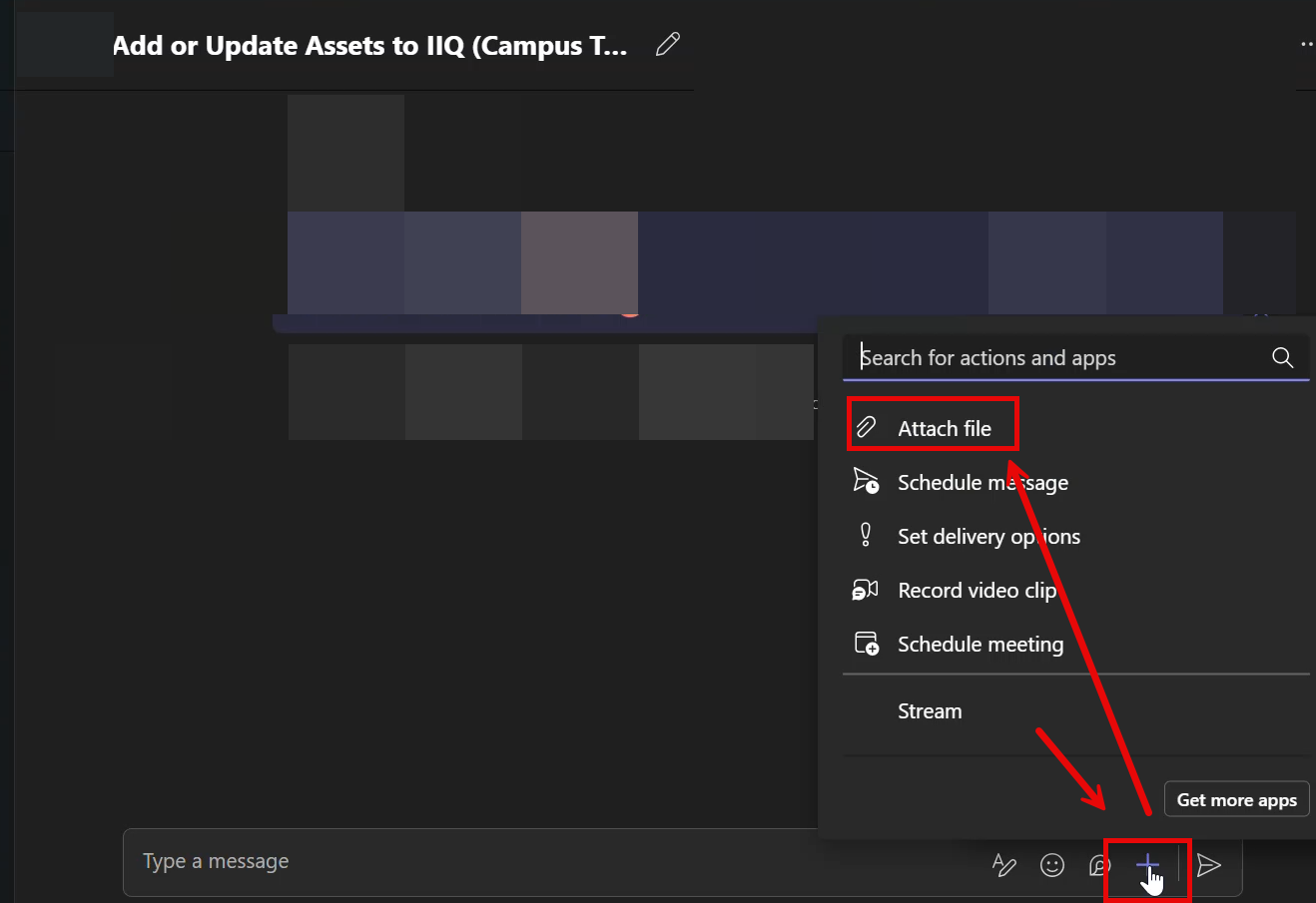Microsoft Teams chat interface showing the plus sign and Attach File option.