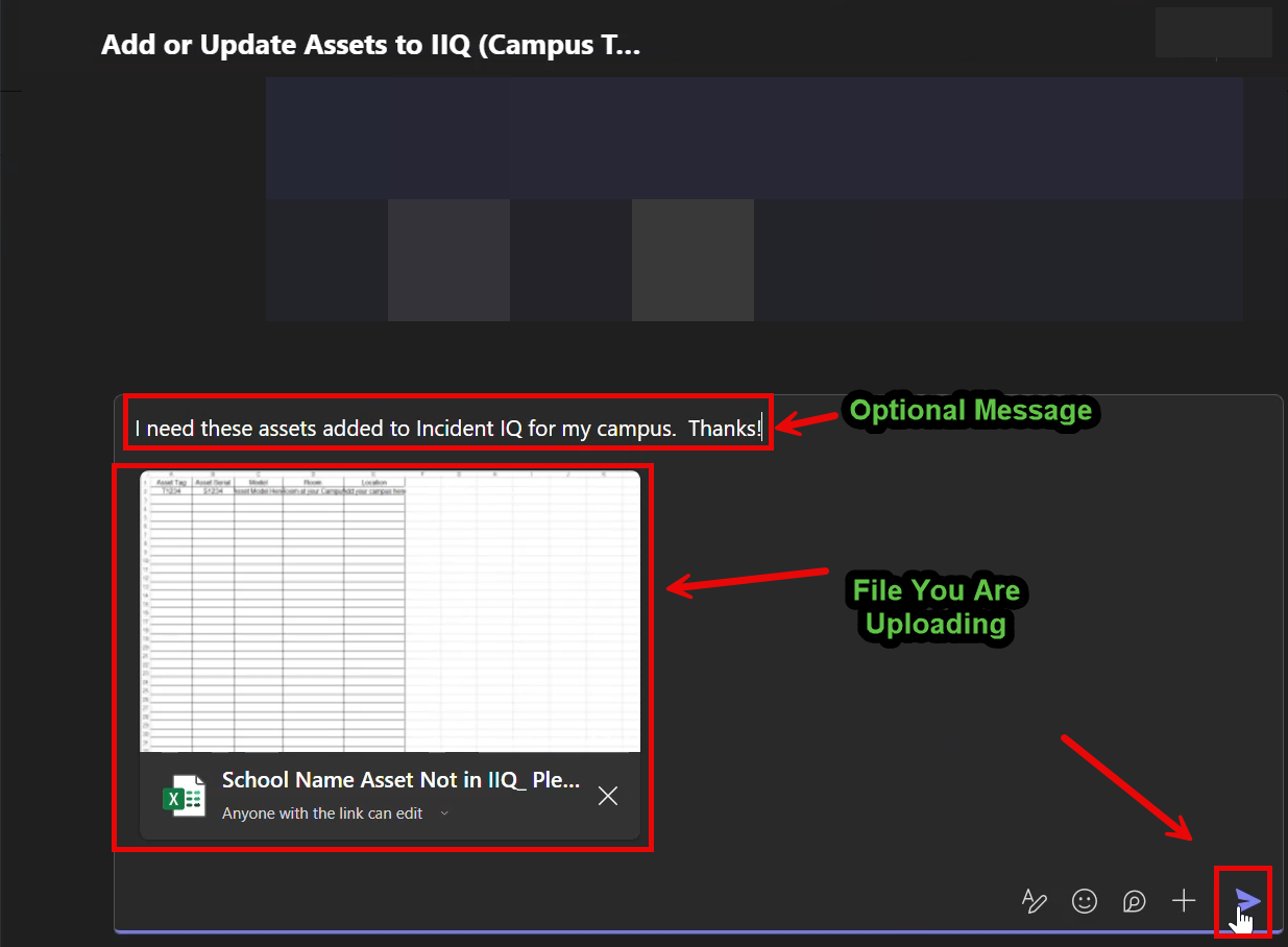Teams message box with the CSV file attached and the Send button highlighted.