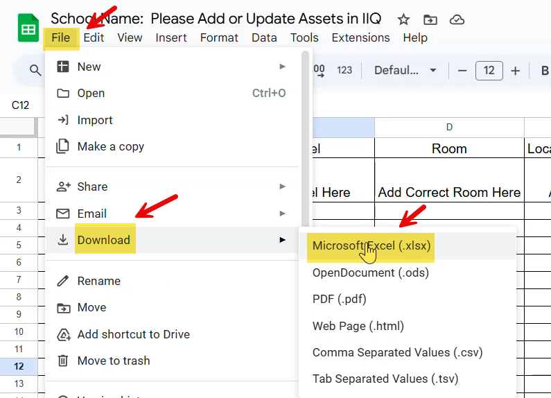 Google Sheets File menu with Download and CSV format selected.