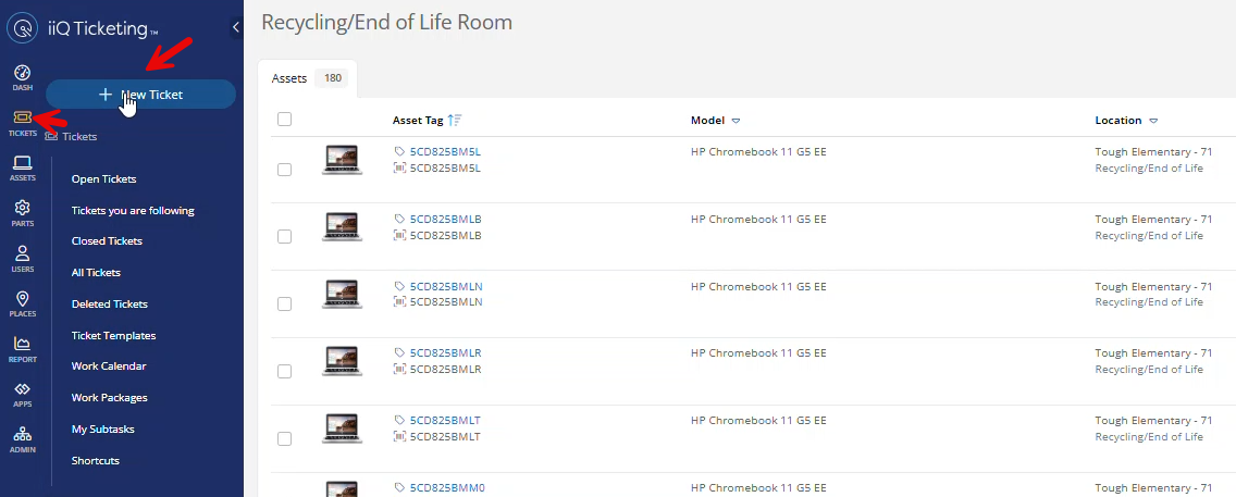 Incident IQ Tickets menu highlighting the New Ticket button.