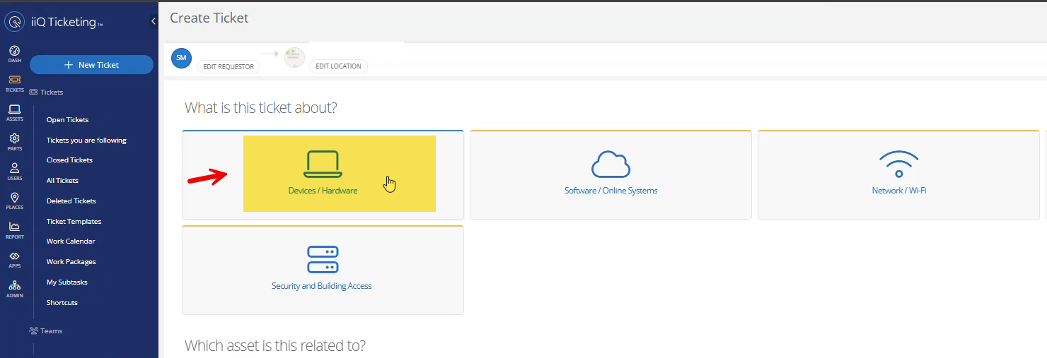 Ticket category menu with Devices and Hardware selected.