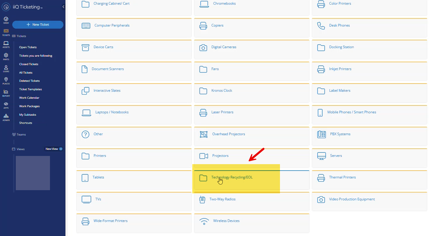 Incident IQ menu showing the Technology Recycling slash EOL option highlighted.