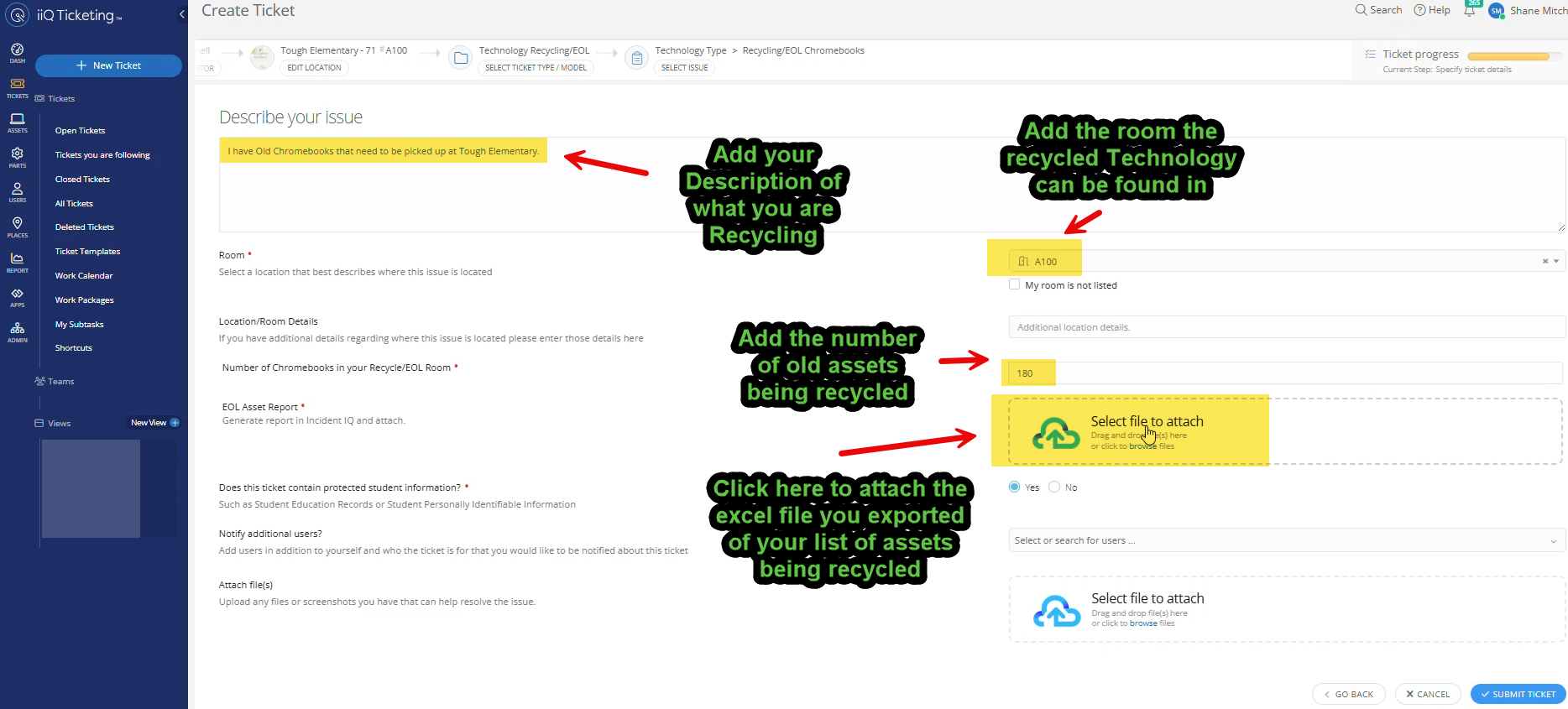 Incident IQ ticket form highlighting the Description, Room Location, Number of Assets fields, and the attachment upload area