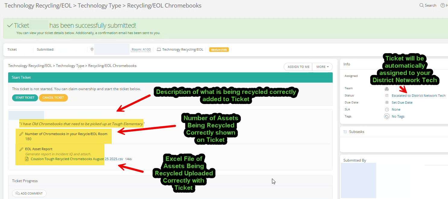 Ticket after being submitted and the location of where you can find the information on the ticket.