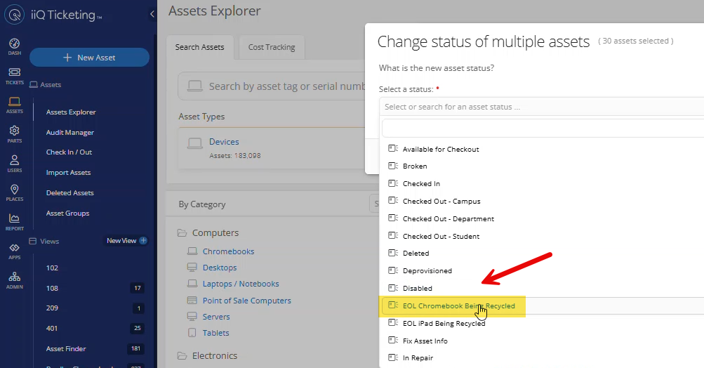 Status selection drop-down menu showing EOL Chromebook Being Recycled selected.