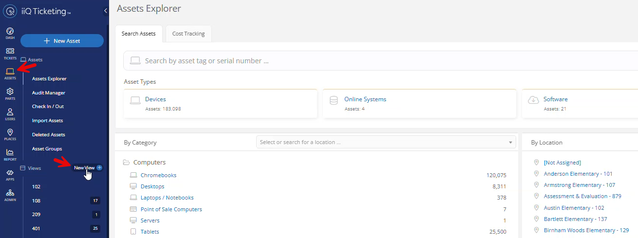 Incident IQ Assets menu with the New View option highlighted.