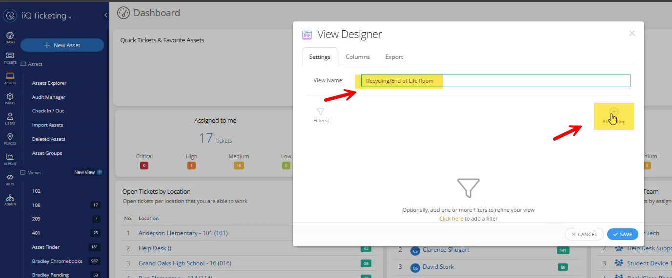Custom view creation screen showing the custom name field filled in and the Add Filter button highlighted.