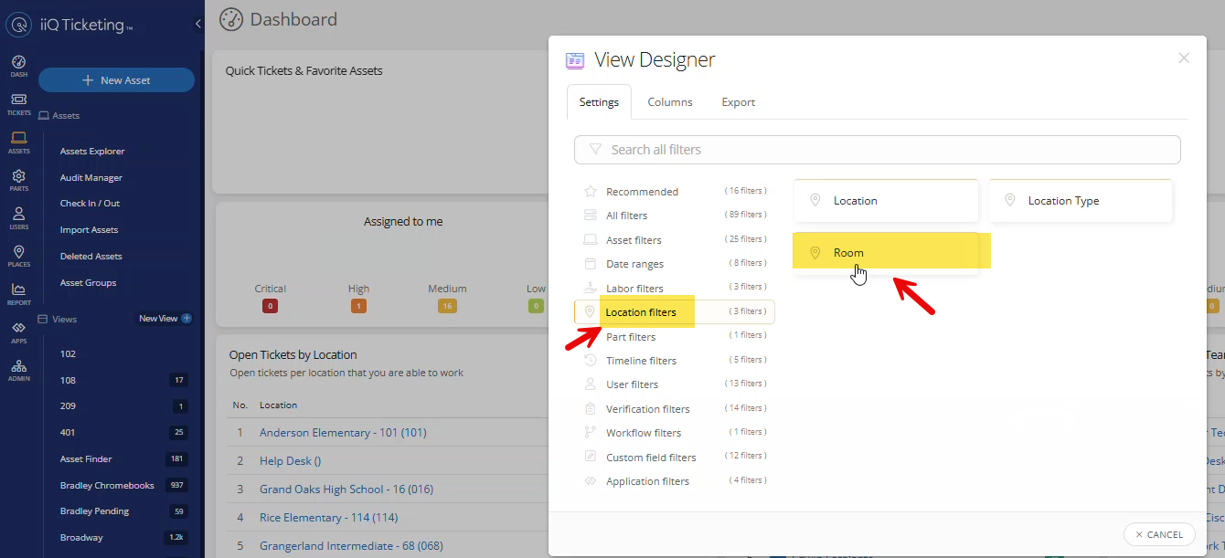 Location Filters menu with the Room option selected.