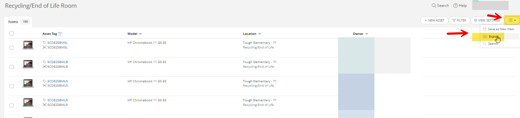 Incident IQ Action menu expanded with the Export option highlighted.