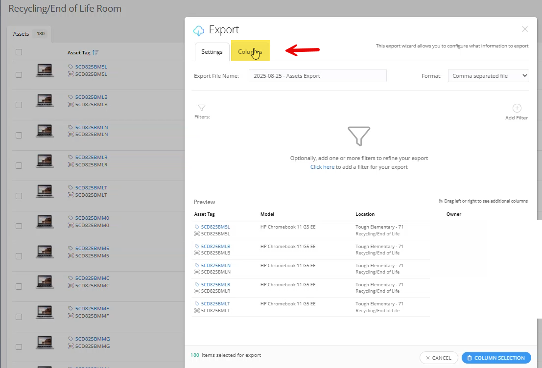 Export menu showing the Column option, Serial Number selected, and the Add Column button.