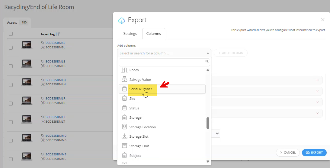 Export menu showing the Column option, Serial Number selected, and the Add Column button.