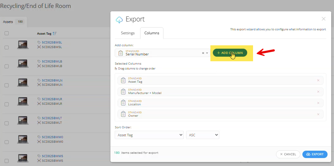 Export menu showing the Column option, Serial Number selected, and the Add Column button.