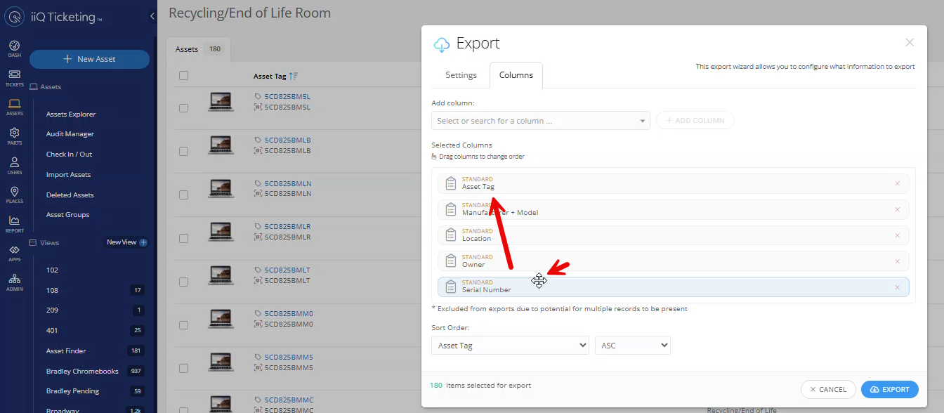 Column arrangement screen showing Serial Number placed next to Asset Tag, and the final Export button.