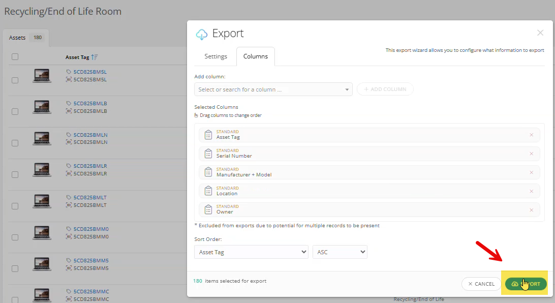 Column arrangement screen showing Serial Number placed next to Asset Tag, and the final Export button.