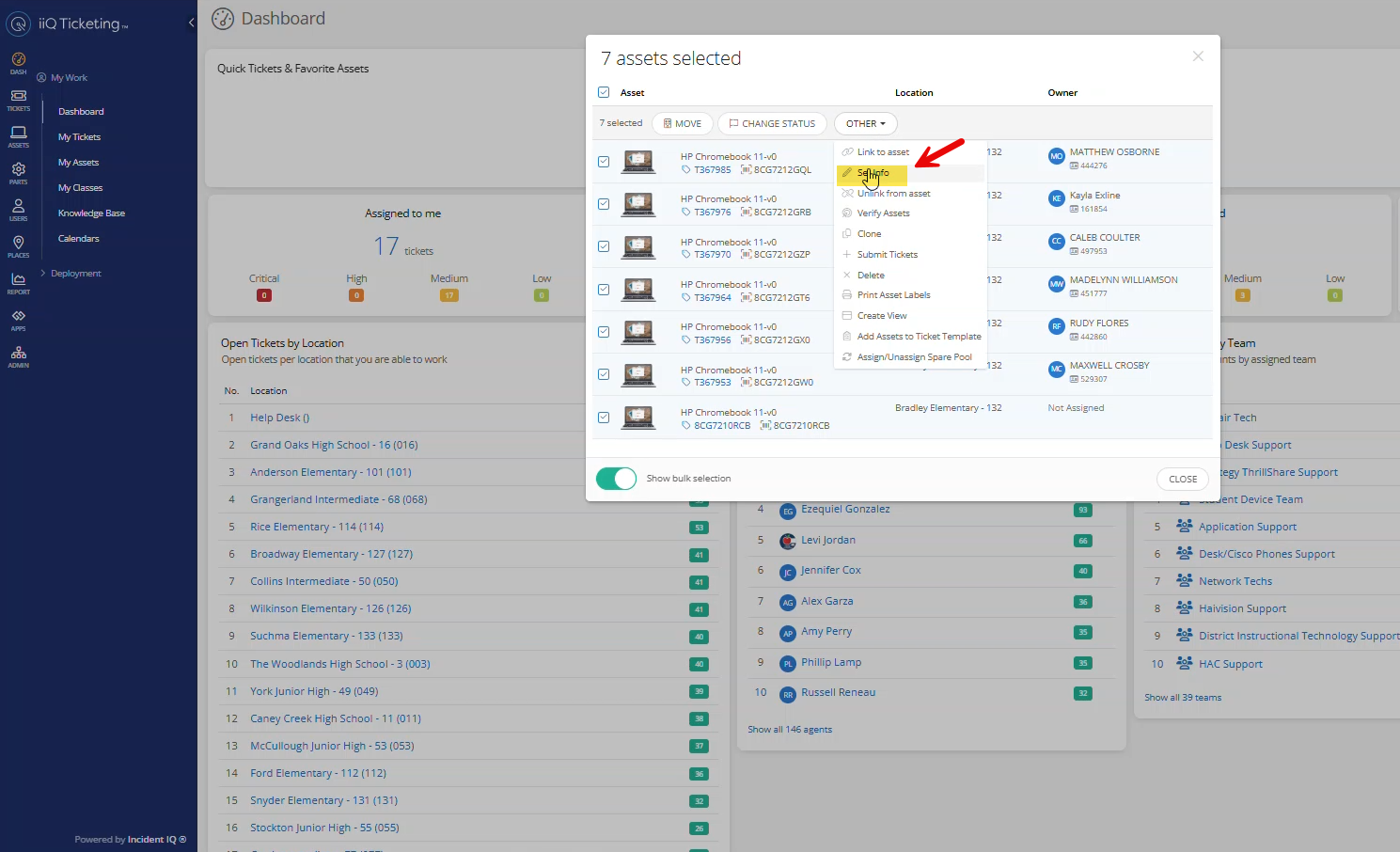 Incident IQ drop-down menu with the Set Info option highlighted.