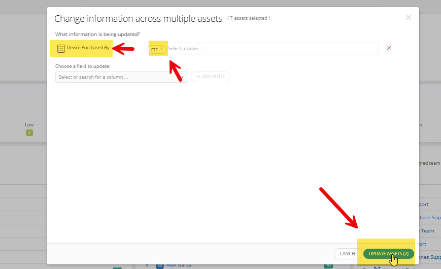 Device Purchased By field showing the CTE department selected from the drop-down menu.
