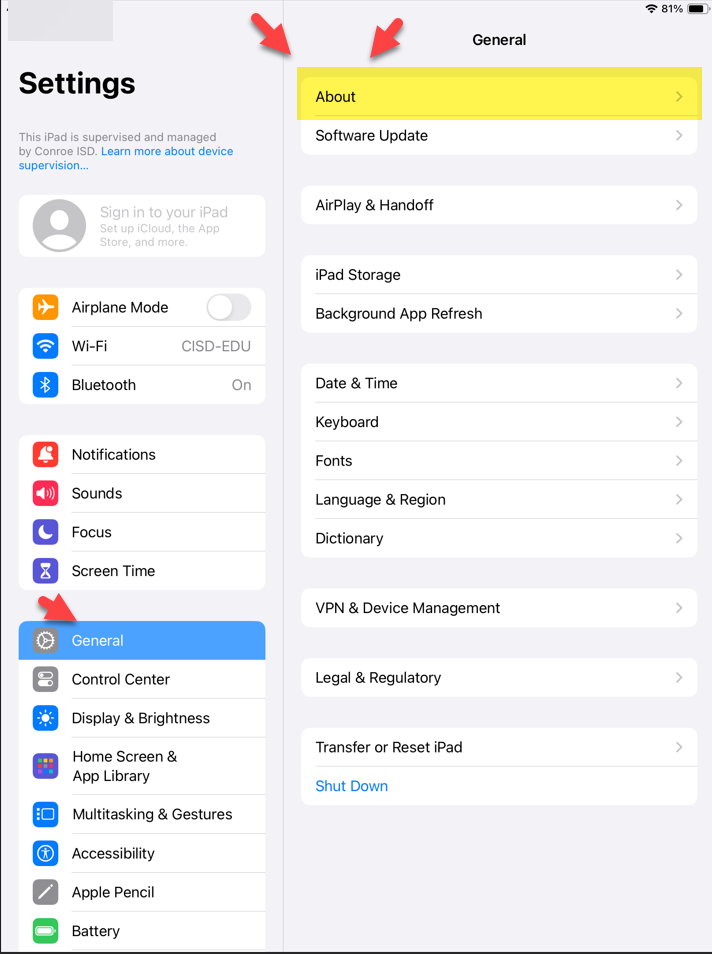 About Settings Found Under the General Settings of iPad.