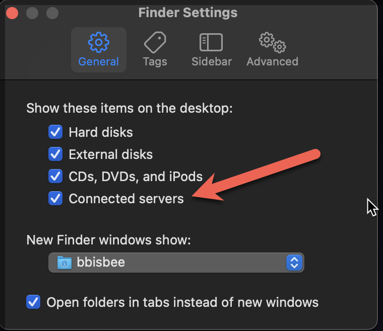 Finder Settings window with arrow pointed to connected servers