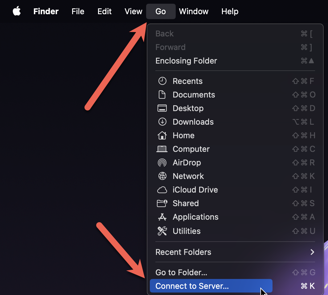 Finder go menu with arrow pointing to connect to server