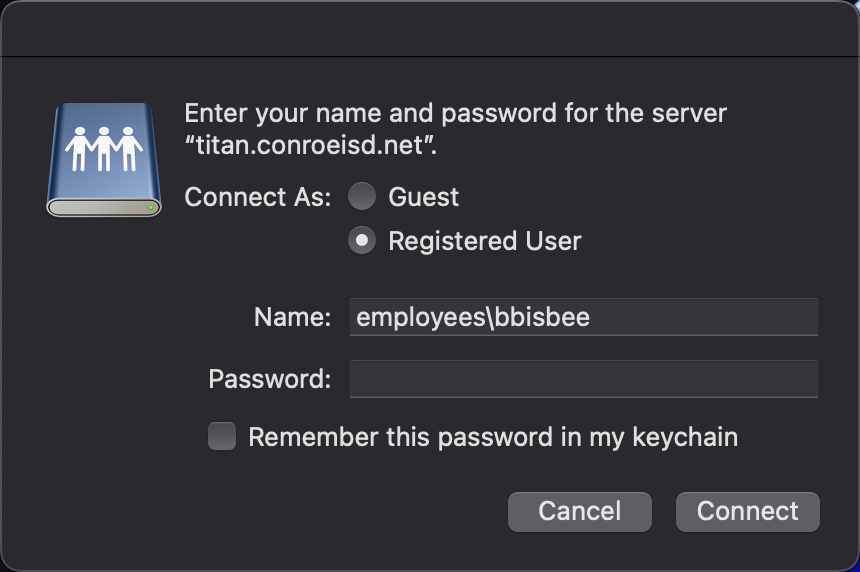 Connect to server login window