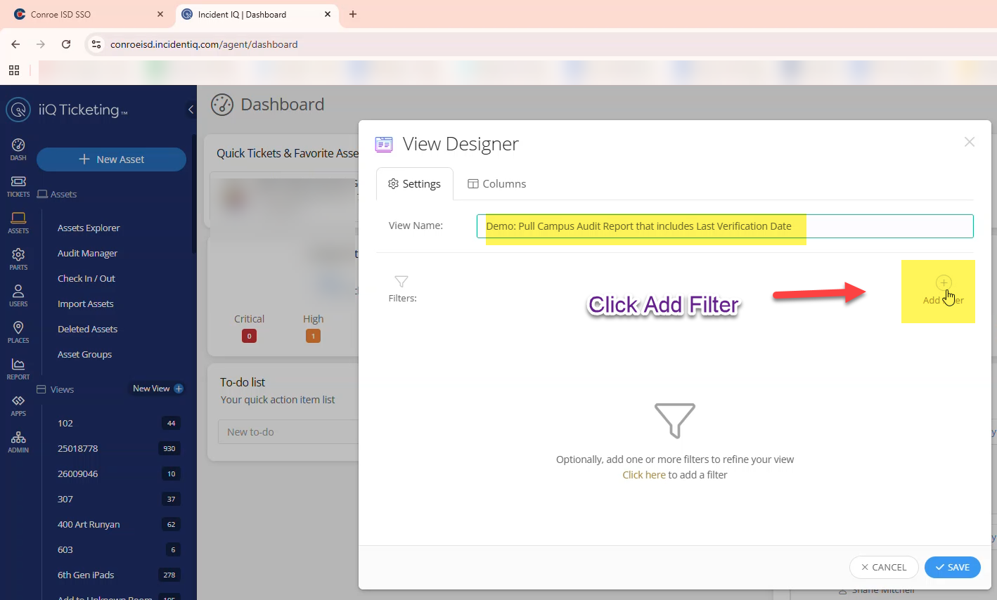 Custom view creation screen showing the custom name field and the Add Filter button.