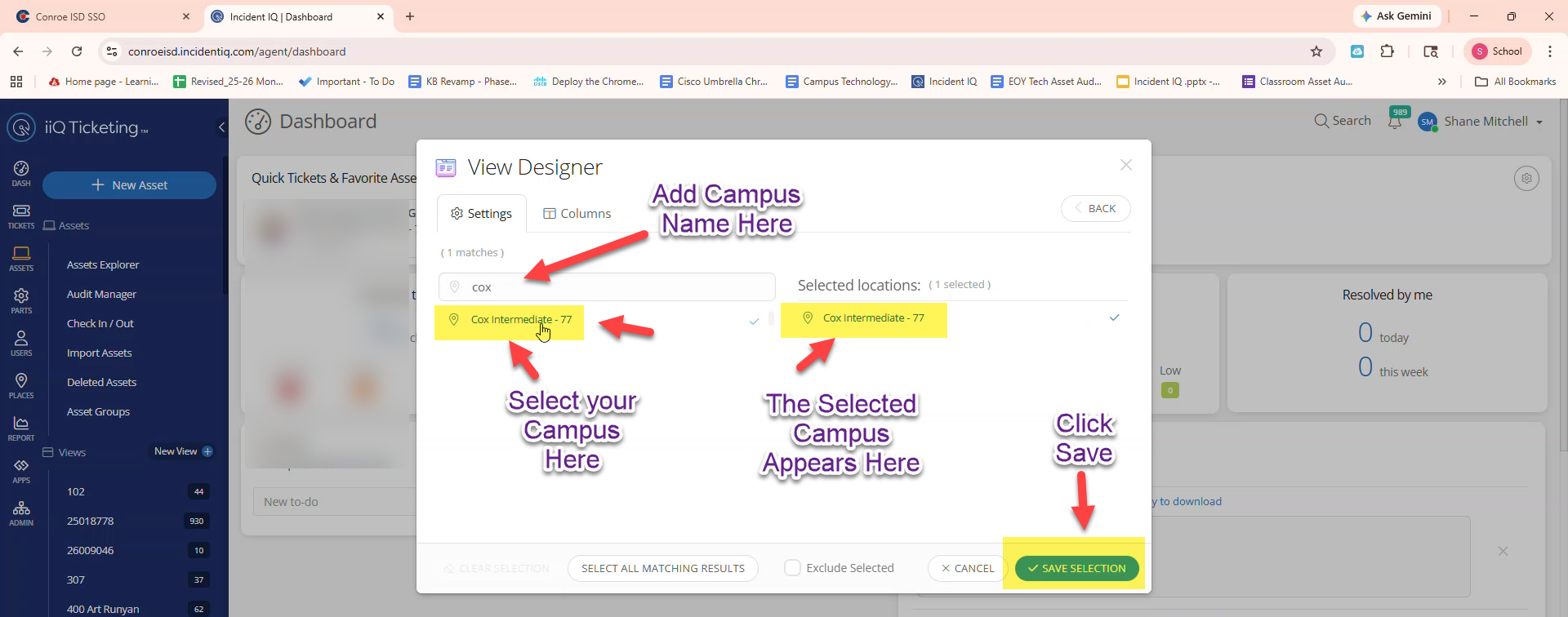 Location filter menu with a specific campus selected and the Save Selection button highlighted.