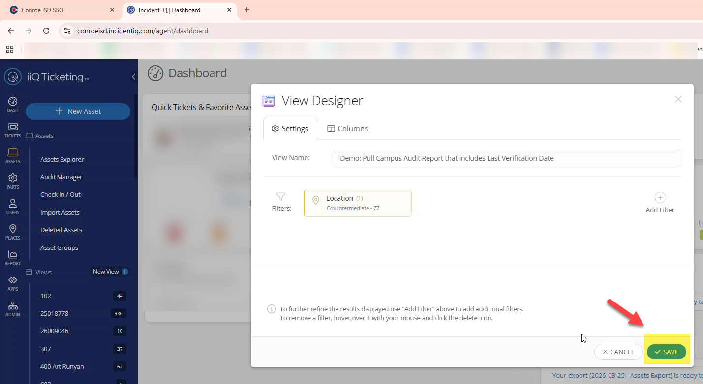 Filter review screen showing the selected campus and the final Save button.
