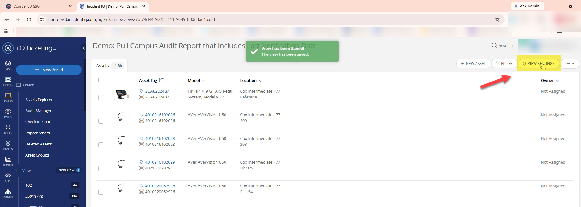 Incident IQ Custom View screen highlighting the View Settings button.